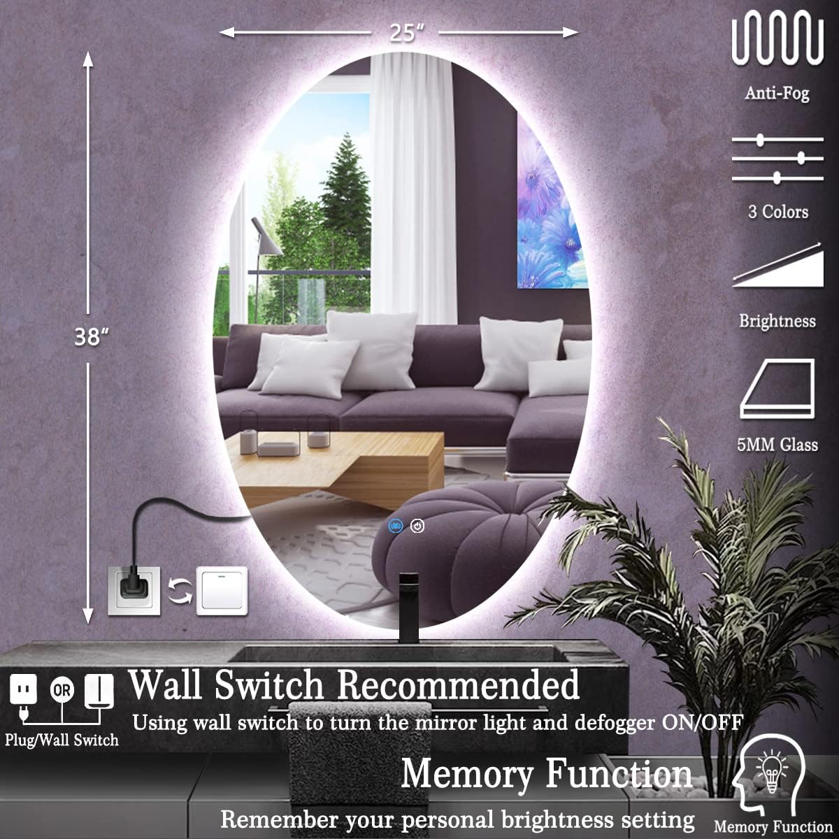 TiliKuly Espejo de tocador ovalado iluminado de 25 x 38 pulgadas con luces sin marco, espejo retroiluminado ovalado para pared de baño, espejo LED
