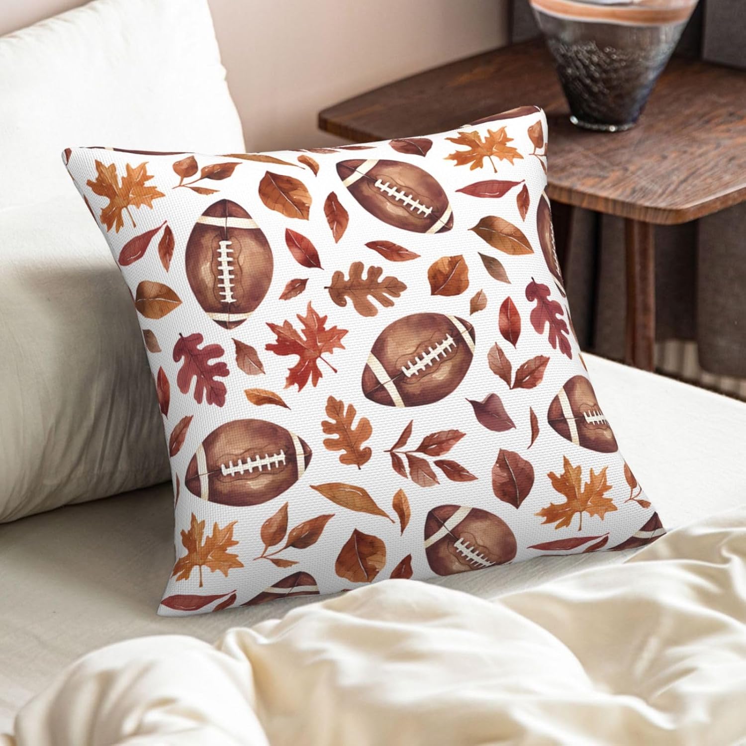EKOREST Fundas de almohada de otoño de Acción de Gracias de 18 x 18 pulgadas, funda de almohada de fútbol con hojas de arce, decoración de otoño de