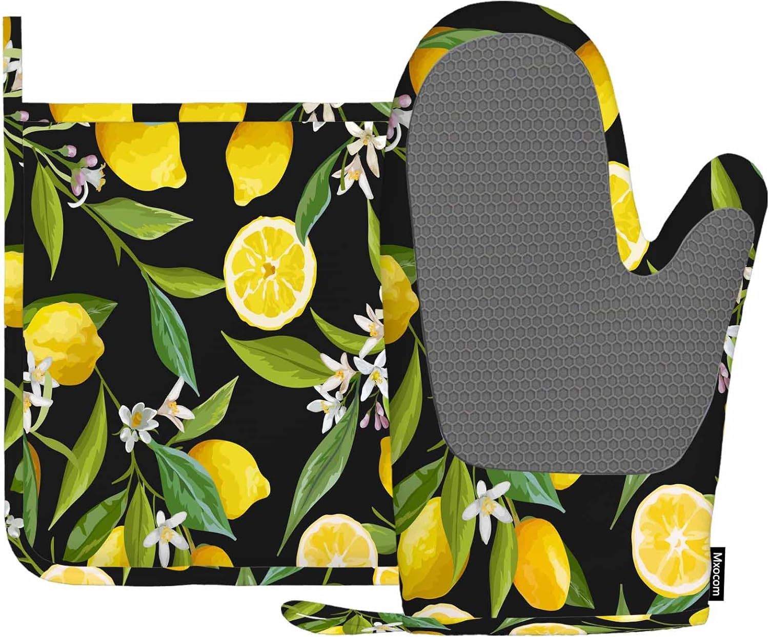 Juego de manoplas de horno de silicona con frutas de limón y soportes para ollas, flores, hojas, limones, guantes de barbacoa para cocina, cocina,