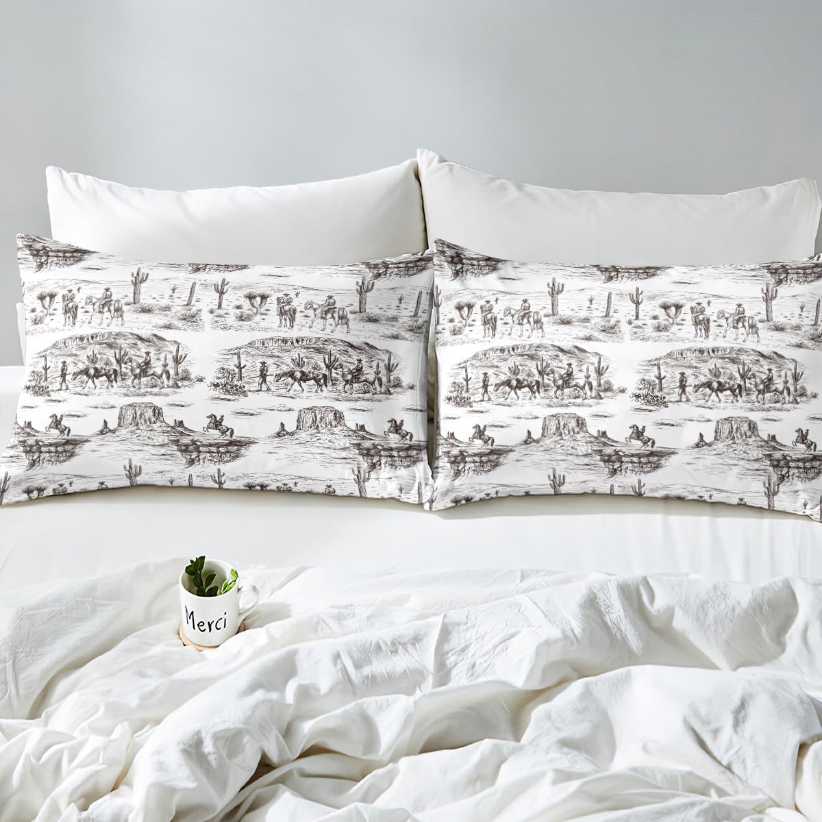 Southwest Cowboy – Juego de sábanas tamaño King, juego de ropa de cama del desierto occidental, 4 piezas, color negro y blanco, para niños, hombres,