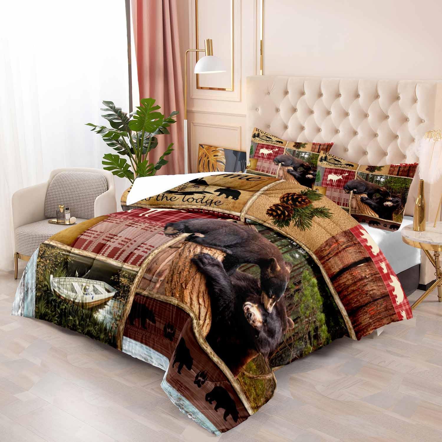 LUVIVIHOME Juego de edredón de 3 piezas tamaño King, juego de ropa de cama rústica de cabaña, ciervos, bosque, animales, vida silvestre, caza,