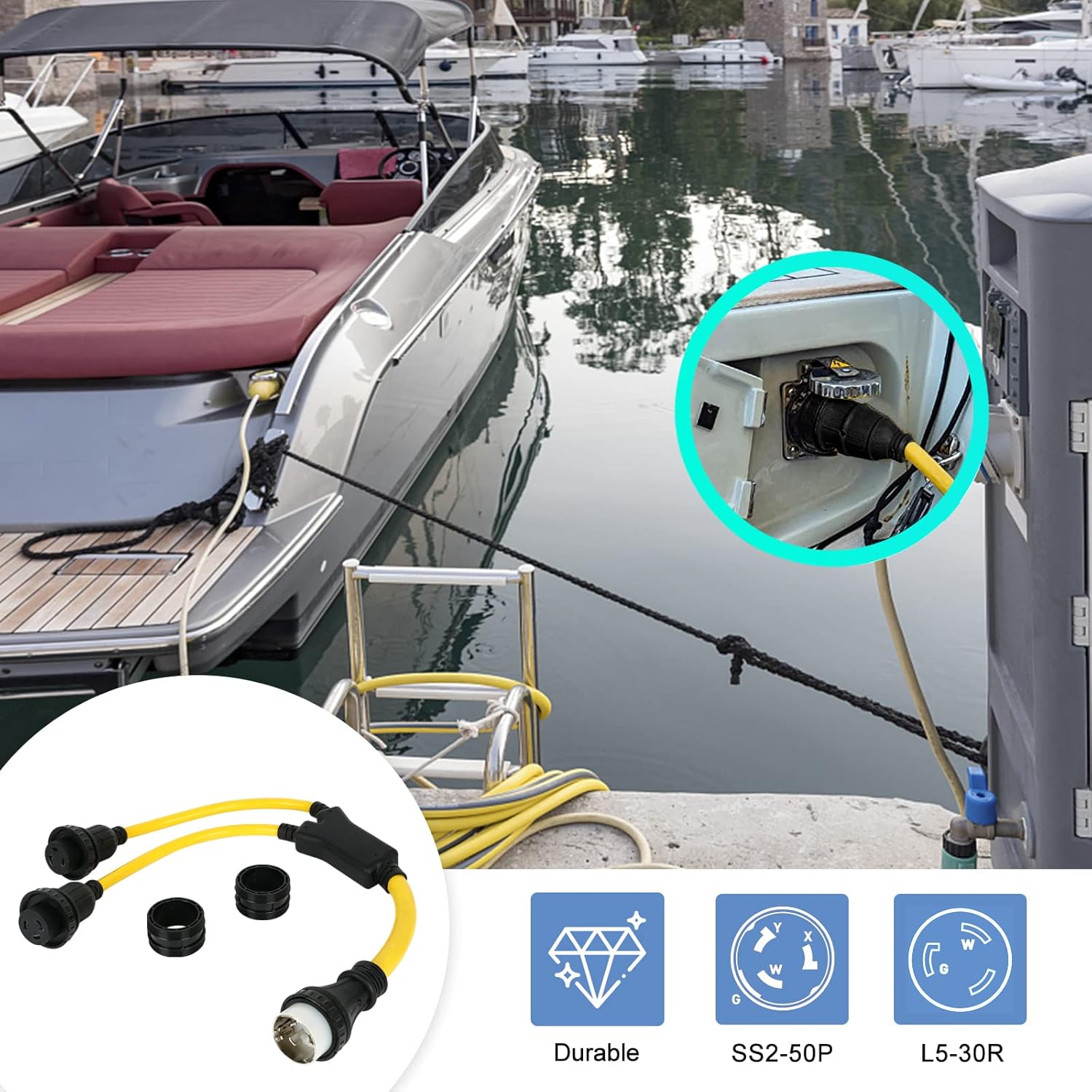 Adaptador eléctrico de alimentación marina para RV, SS2-50P macho 50A enchufe a (2) L5-30R hembra doble 30A receptáculo marino de alimentación
