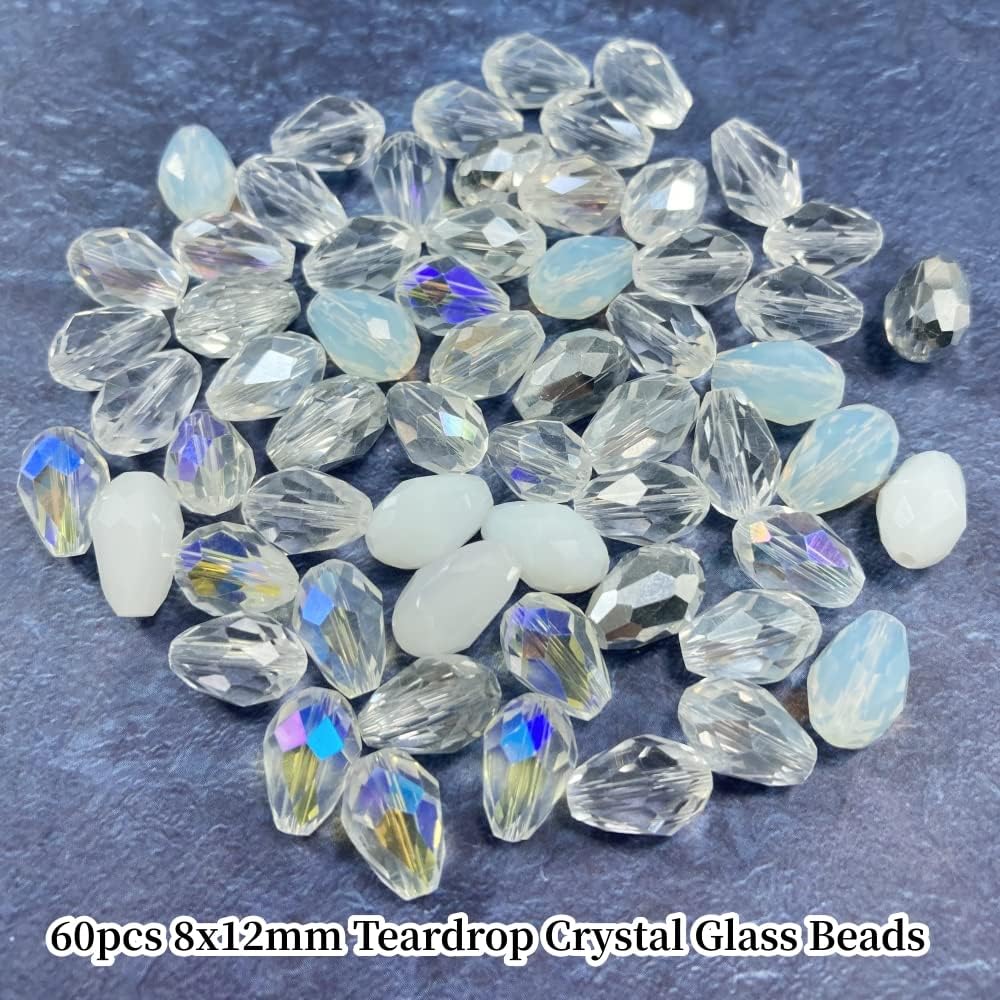 Honkoolly 60 cuentas de cristal de lágrima de 0.32 x 0.472 pulgadas con agujero vertical facetado de vidrio facetado, cuentas espaciadoras para