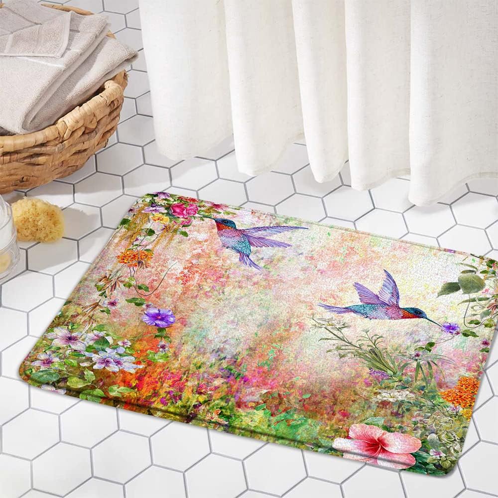 Alfombra de baño floral de colibrí, colorida casa de campo, flores, verano, plantas tropicales, fantasía, jardín, espuma viscoelástica, para baño,