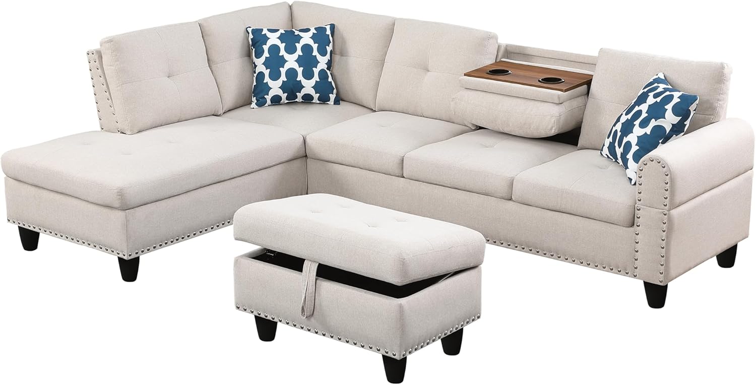 L Shaped Modular Sectional Sofa with Chaise Lounge and Storage Ottoman , Reversible Sleeper Corner Couch w Drop Down Backrest & Cupholders ,5