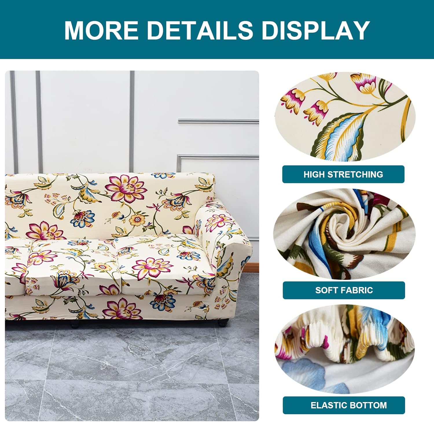 KRFOONN Funda de sofá de 4 piezas con estampado para sofás de 3 cojines, funda de sofá de alta elasticidad con 3 fundas de cojín de asiento