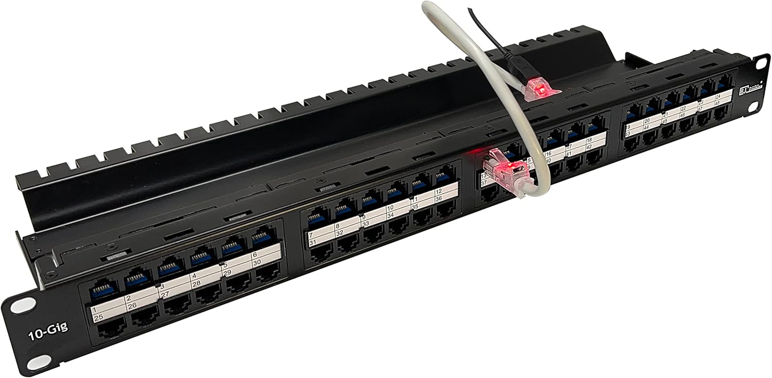 R.J. Enterprises -HDPP-48-C6A (48 puertos- en una U)-Sin perforación-10G, alta densidad, alimentación a través, panel de conexión para-Edge-Data