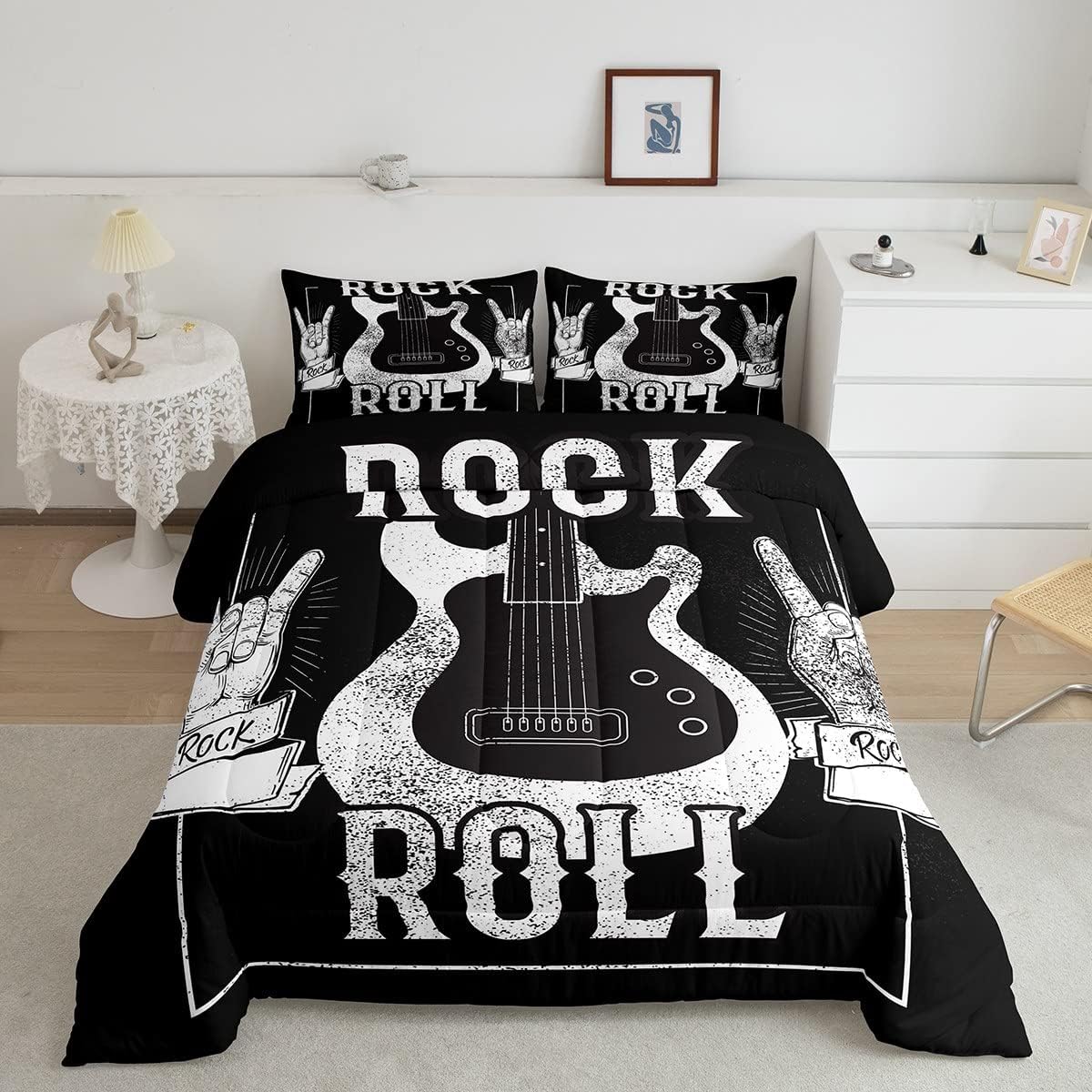 Erosebridal Juego de ropa de cama de guitarra, juego de ropa de cama de música rock, juego de edredón de guitarra eléctrica grunge, edredón con