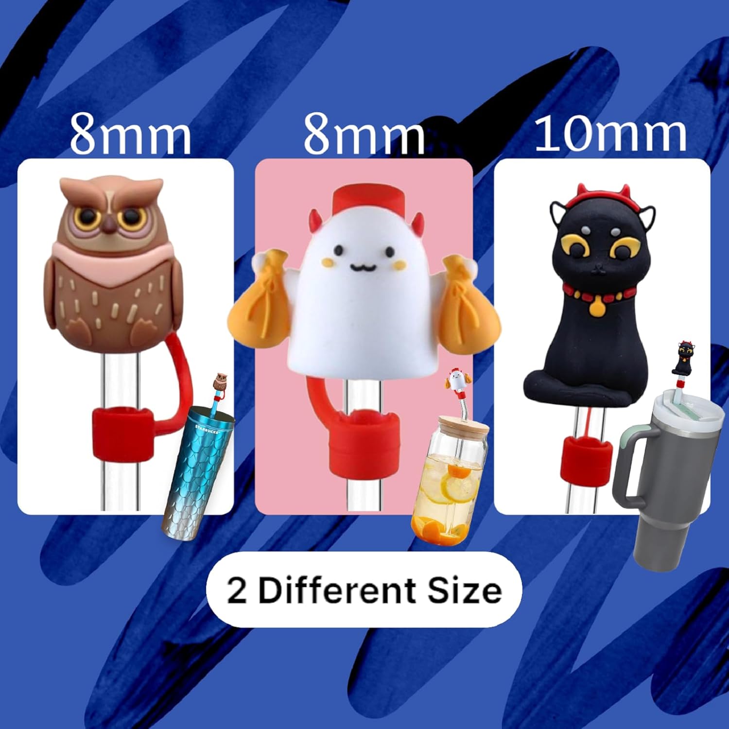 3 fundas para pajitas de 0.315 in y 0.394 in, lindo adorno de paja de gato para vasos Stanley, puntas de popote de silicona de búho para popotes de
