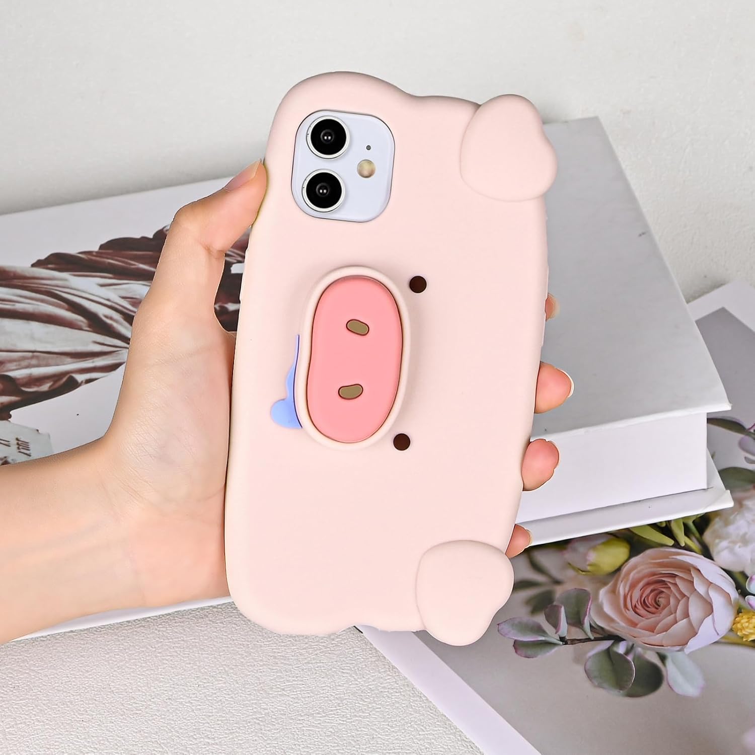 Uioeua – Funda multifunción compatible con iPhone 11 con silicona suave, divertida, elástica, soporte para nariz de cerdo rosa, protección de cuerpo