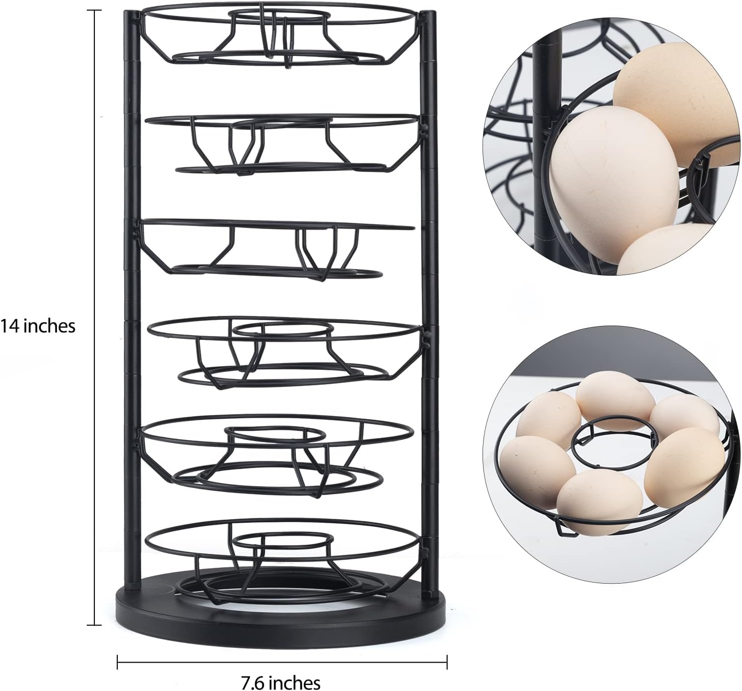 Estante dispensador giratorio de huevos para encimera para almacenamiento de huevos frescos, base estable con cesta de 6 capas (negro)