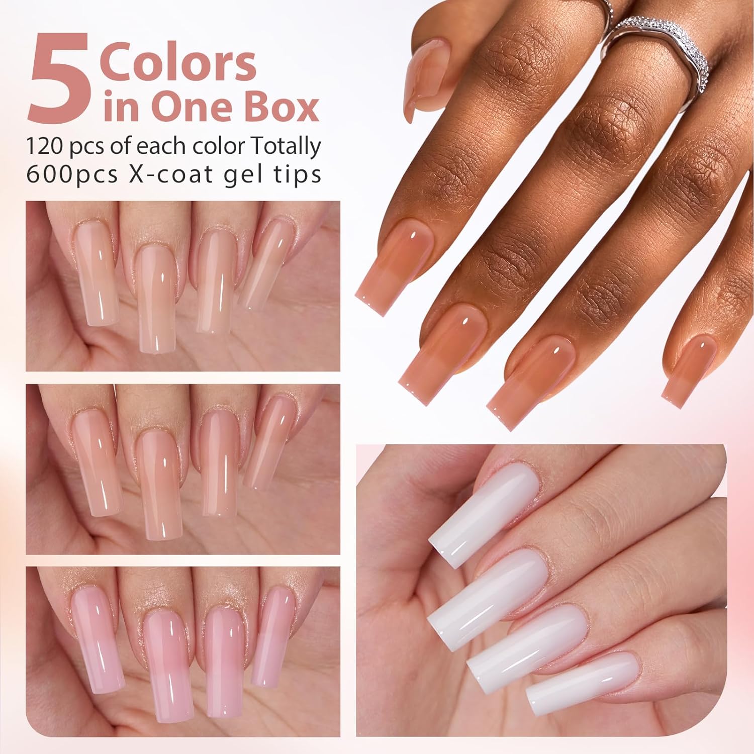 BTArtbox Puntas de uñas de gel cuadradas largas, uñas postizas a presión, 600 unidades, 5 colores, XCOATTIPS naturales con punta preaplicada,