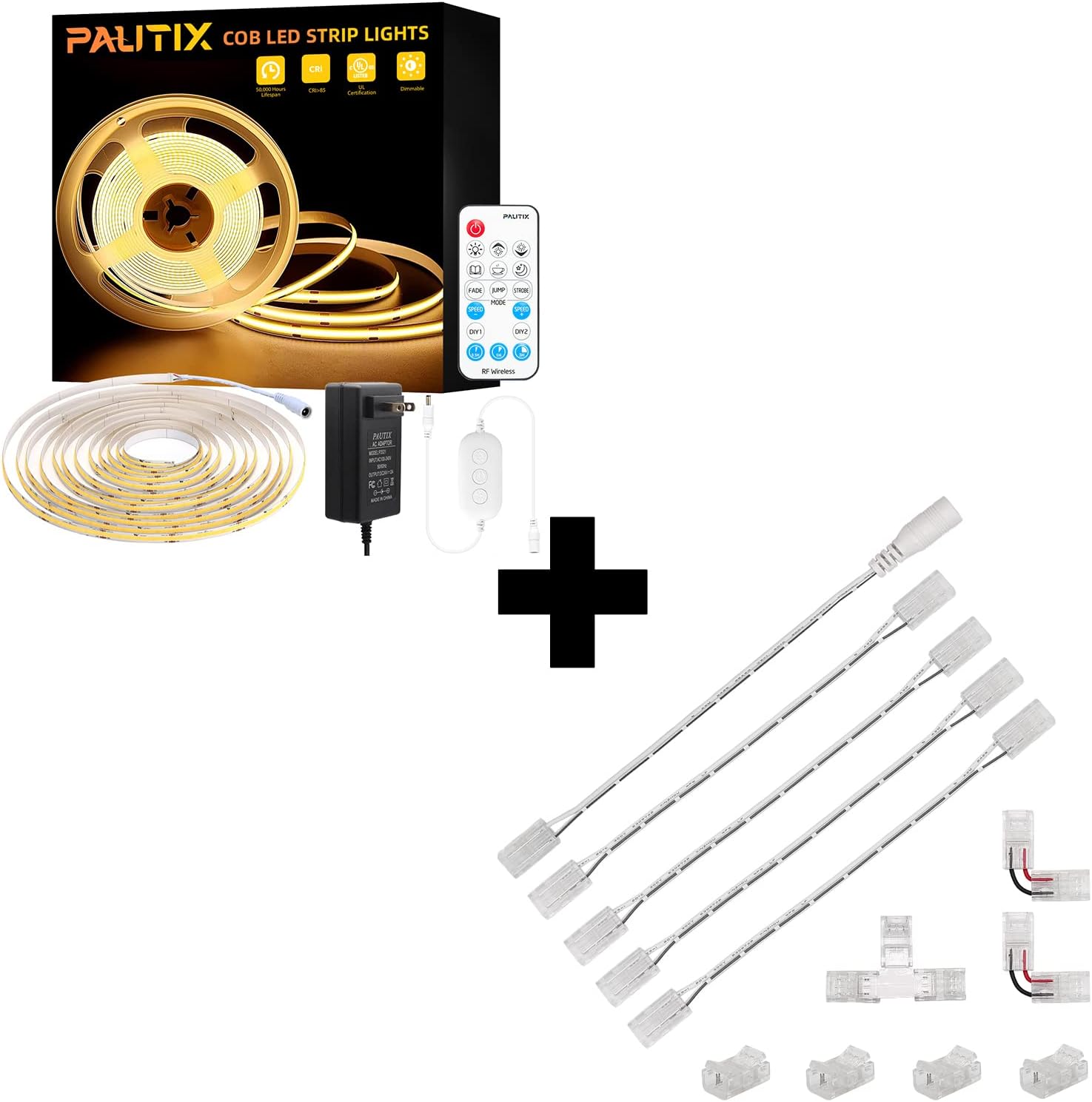 PAUTIX COB – Tira de luces LED de 3000 K, 24 pies regulables DC24V blanco cálido, kit de luces de cinta de alto lumen con control remoto RF y fuente