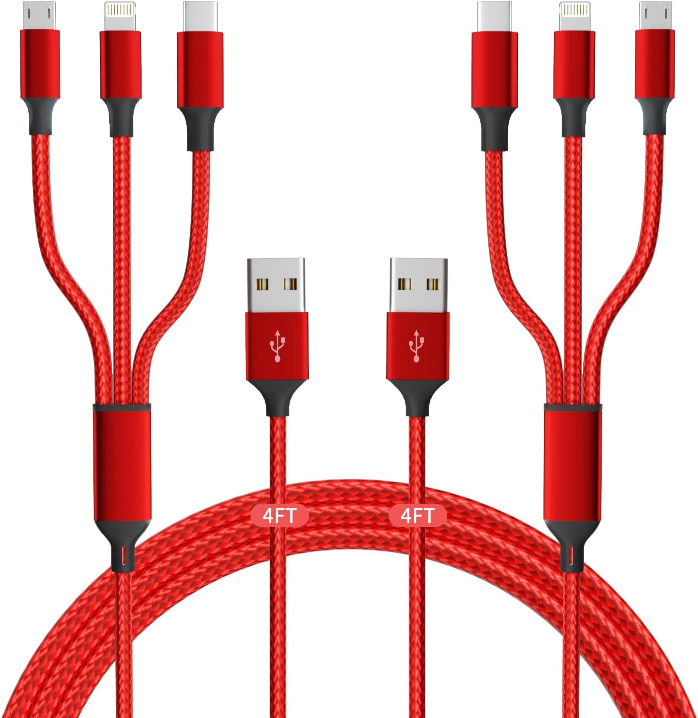 Cable de carga múltiple (paquete de 2 unidades de 4 pies), cable de carga múltiple USB de nailon trenzado 3 en 1, cable de carga rápida con puerto