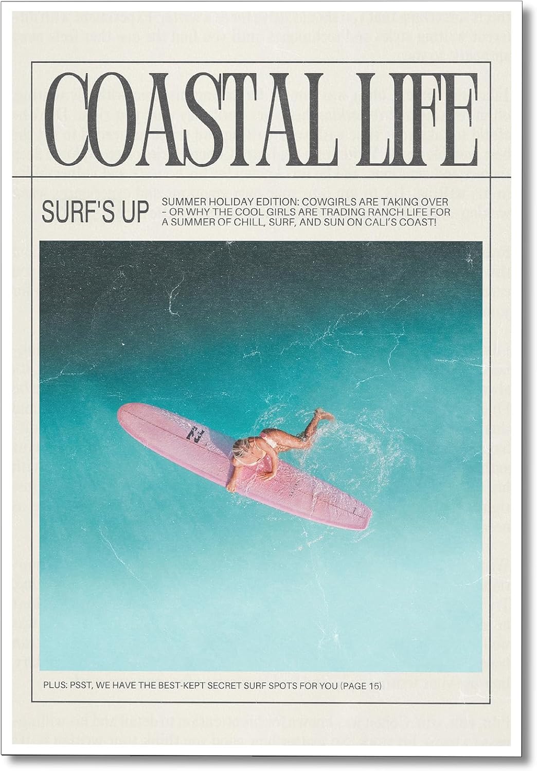 Nanxiwofee Lienzo decorativo para pared de niña surfista, póster para decoración de habitación de playa, tabla de surf, periódico, verano, playa,