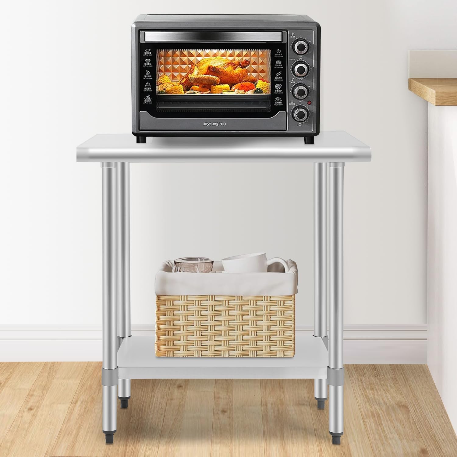 FDW – Mesa de trabajo ajustable de acero inoxidable resistente a los rayones para uso comercial, cocina o para organización y almacenamiento, Acero