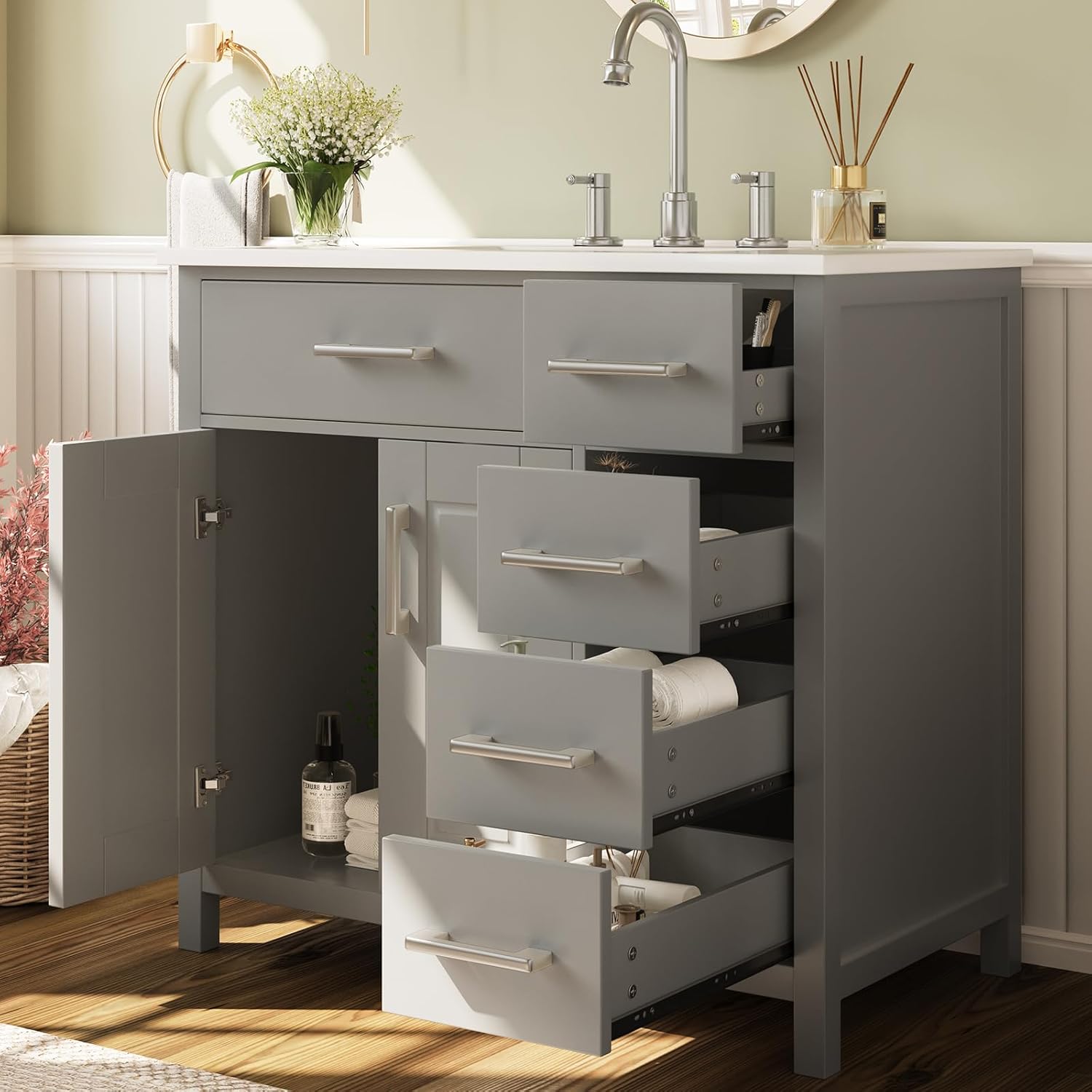 Combinación de tocador de baño de 36 pulgadas con lavabo, moderno juego de gabinete de baño individual pequeño con montaje inferior, incluye