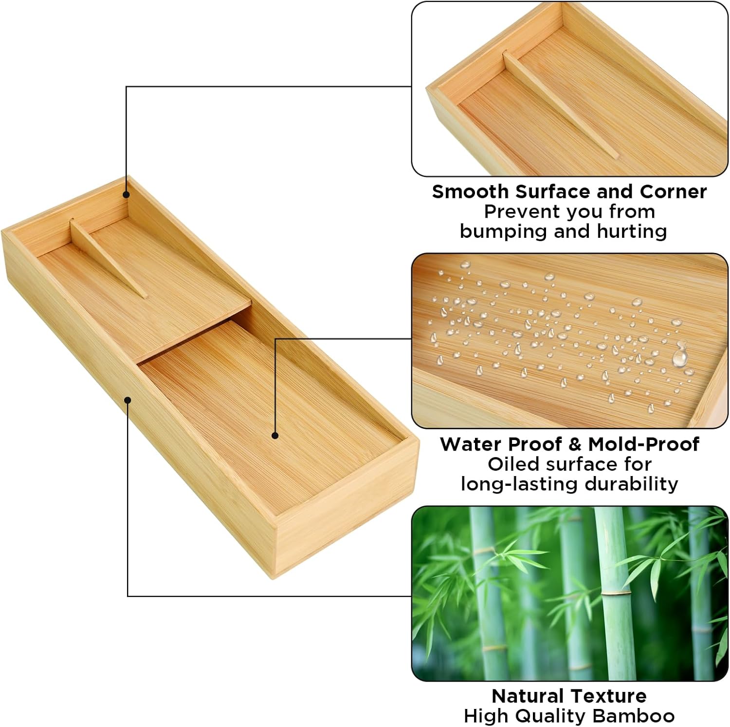Ollieroo Organizador de cajones de cubiertos de bambú, organizador de cajones de cocina compacto para cubiertos, soporte de utensilios para