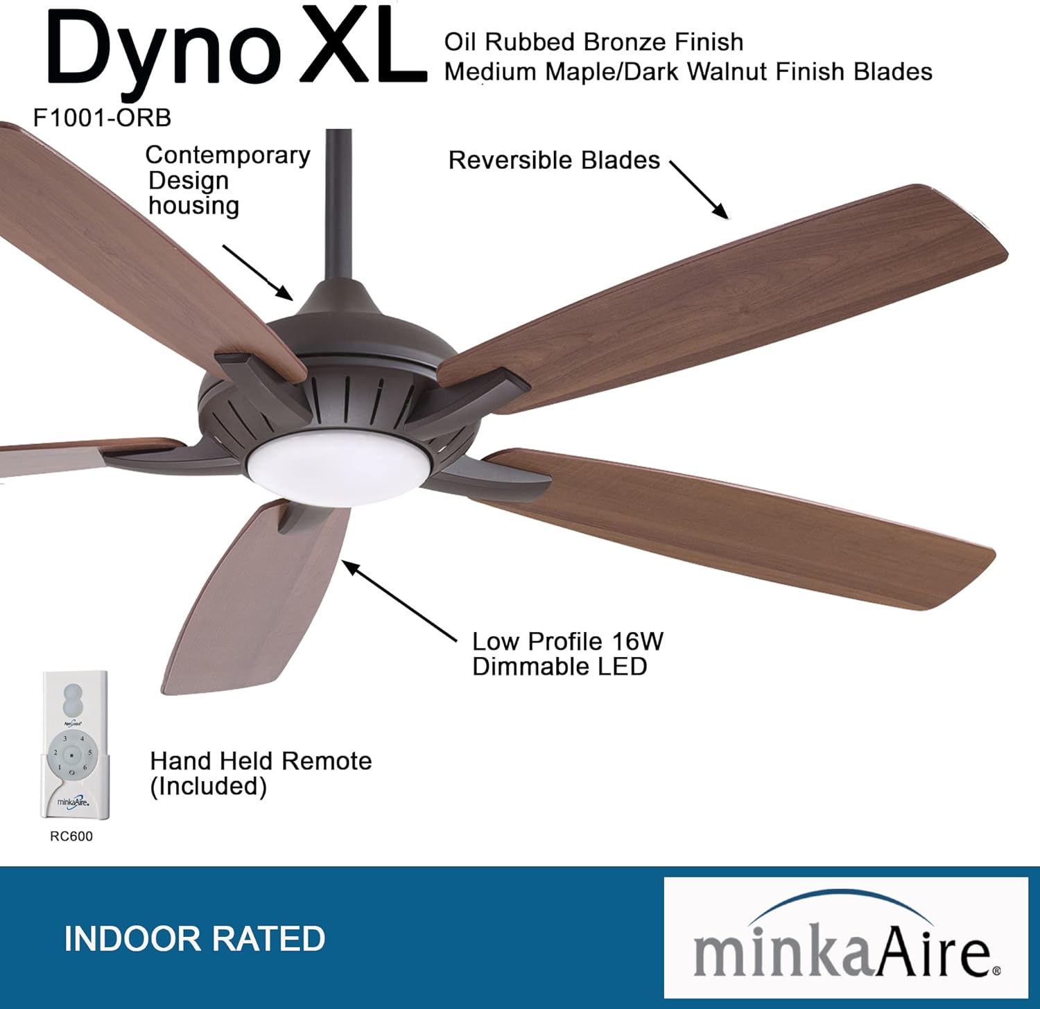 MINKA-AIRE F1001-ORB Dyno XL Ventilador de techo de 60 pulgadas con luz LED y control remoto, bronce aceitado
