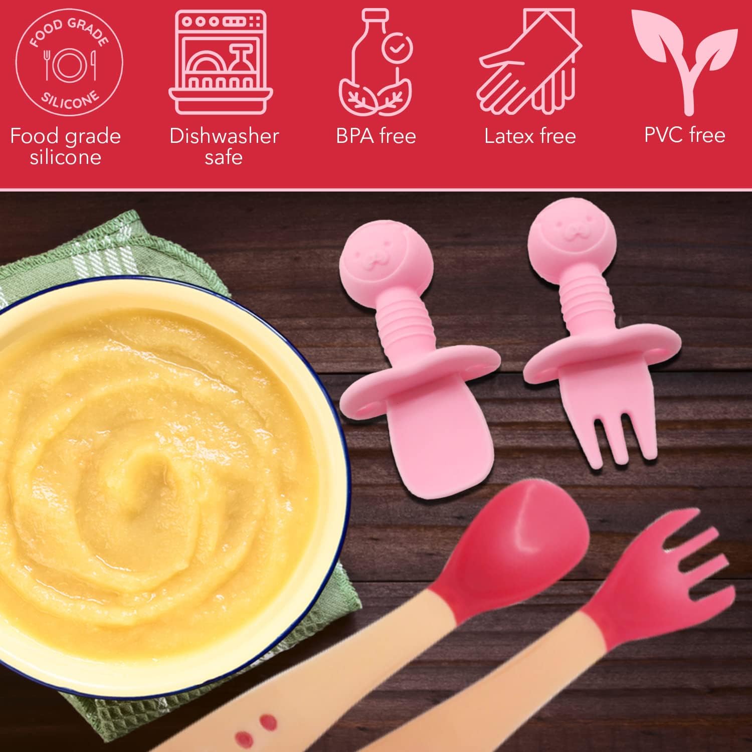 Gadgetime USA Juego de 4 piezas de cucharatenedor de silicona y utensilios para bebés sensibles al calor, para entrenamiento de niños pequeños y