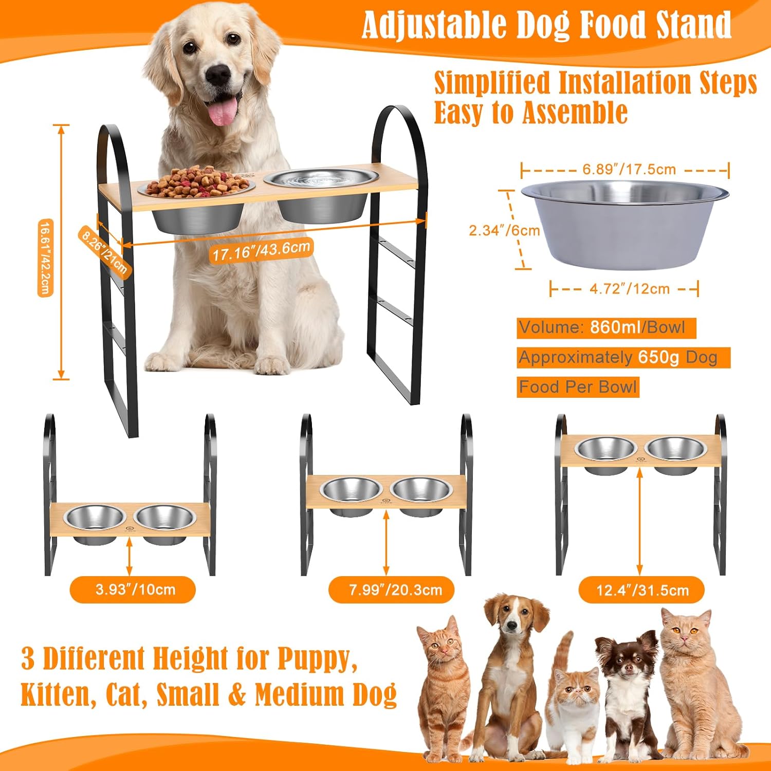 Cuencos elevados para perros, cuencos elevados ajustables para perros con 2 cuencos de acero inoxidable, soporte de bambú para alimentos para
