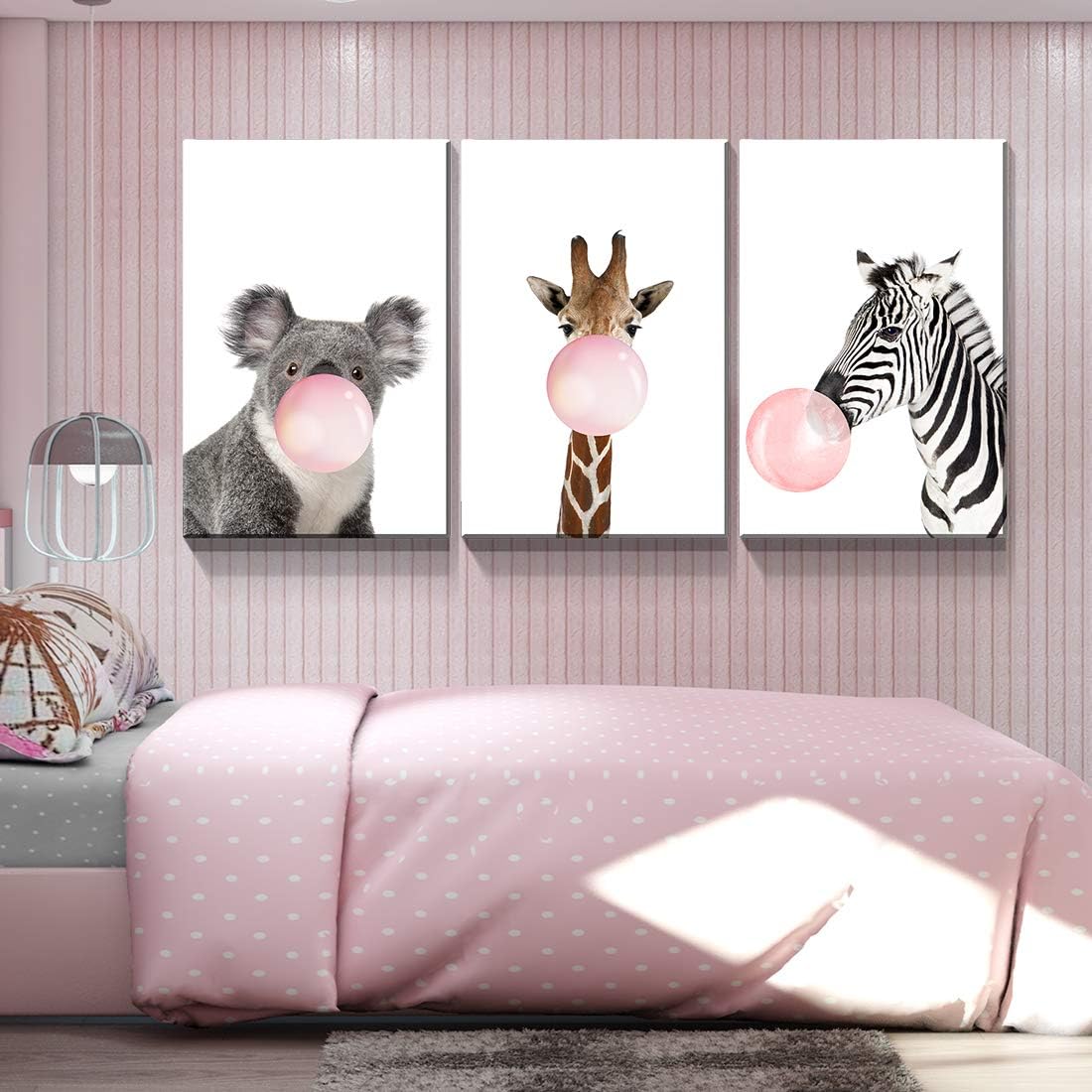 Denozer – 3 paneles de arte en lienzo para la pared – Jirafa cebra koala rosa goma de mascar animales, arte moderno para decoración del cuarto del