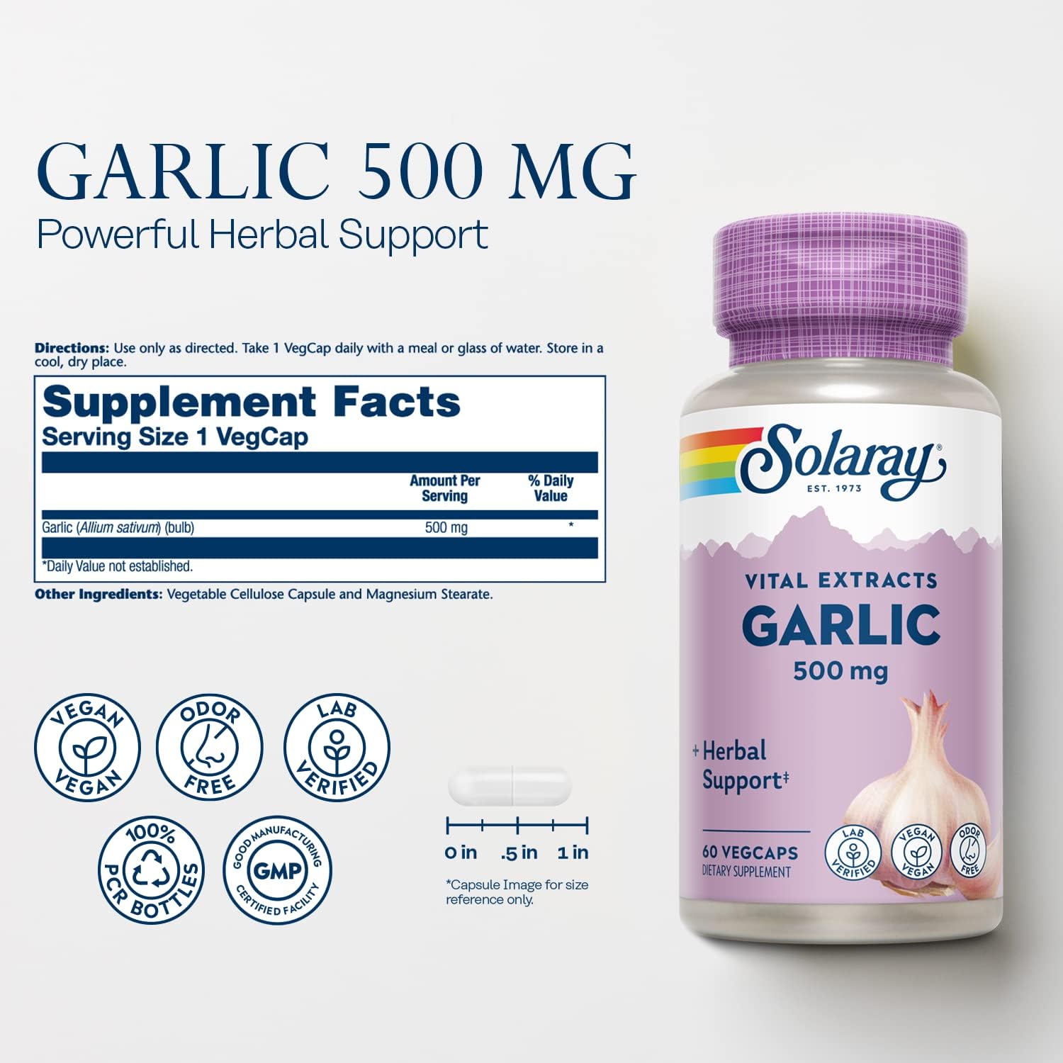 SOLARAY Suplemento de ajo de 500 mg, vegano, extracto de ajo inodoro, utilizado tradicionalmente para la salud del corazón y el apoyo inmunológico,