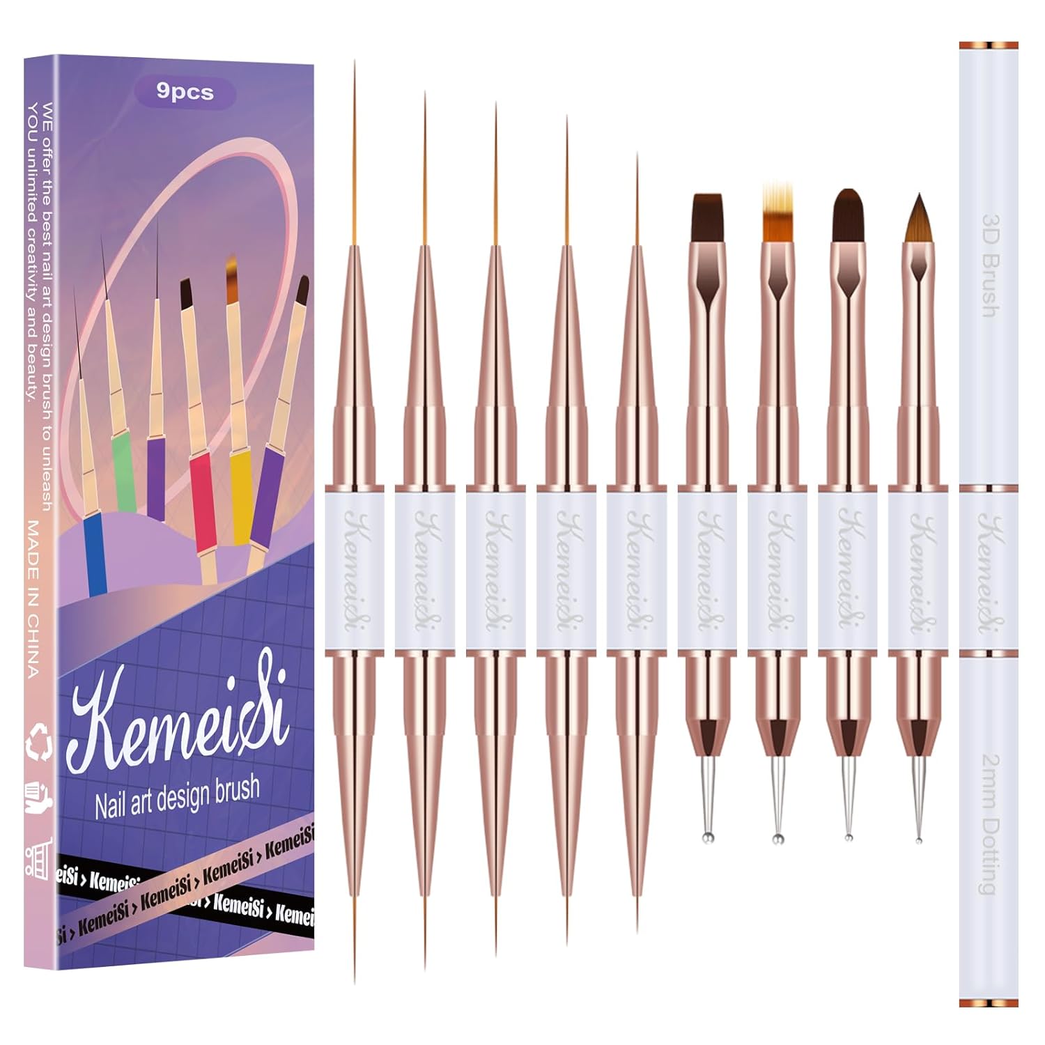Juego de 9 pinceles para arte de uñas, 9 piezas de pincel acrílico de doble punta para uñas de esmalte de gel, herramientas de diseño de uñas para
