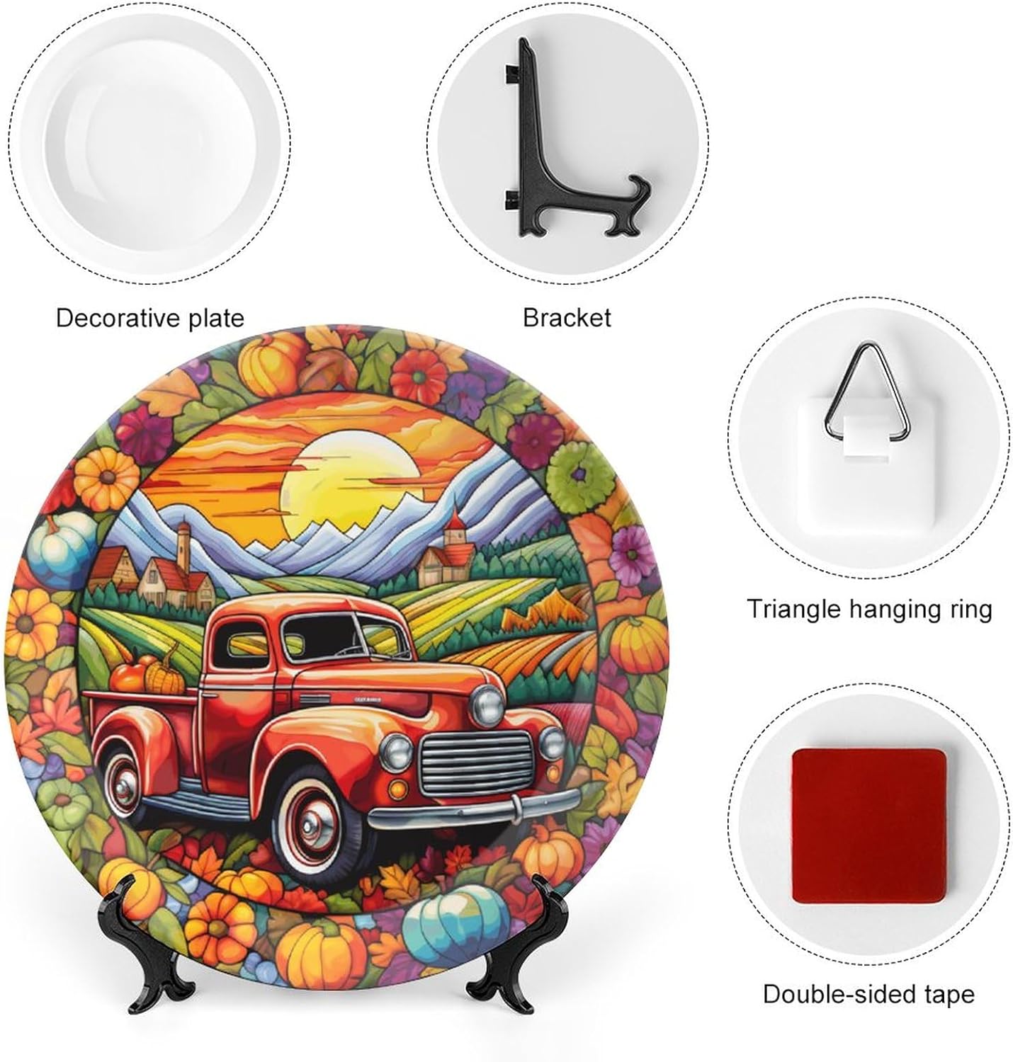 Gokays Platos decorativos, diseño retro de otoño con corona de camión y calabaza, vitral, placa de exhibición para el hogar, oficina, cocina,