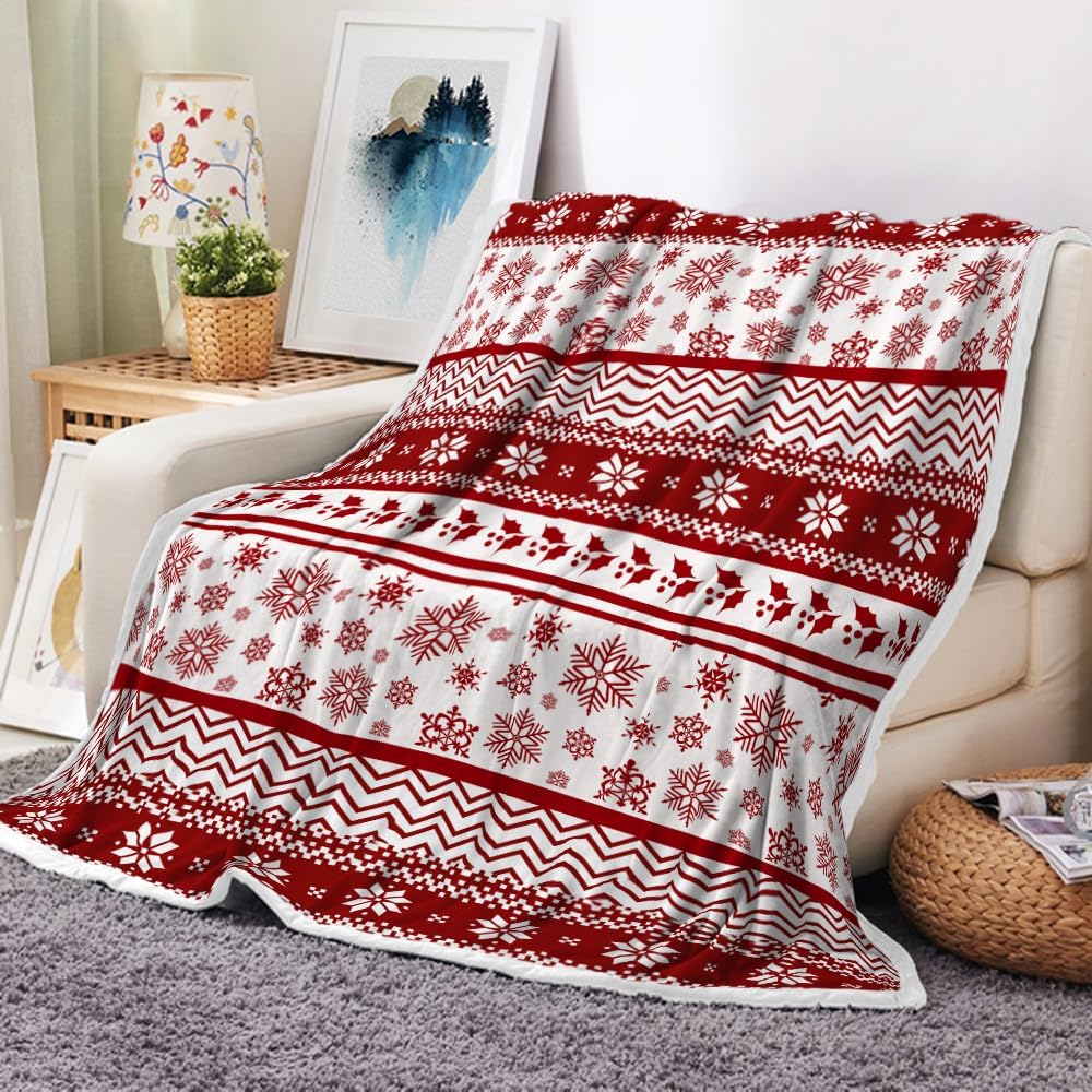 Manta de Navidad roja de forro polar rojo para invierno, súper suave, cálida, acogedora, reversible, mullida, con patrones de copos de nieve, manta