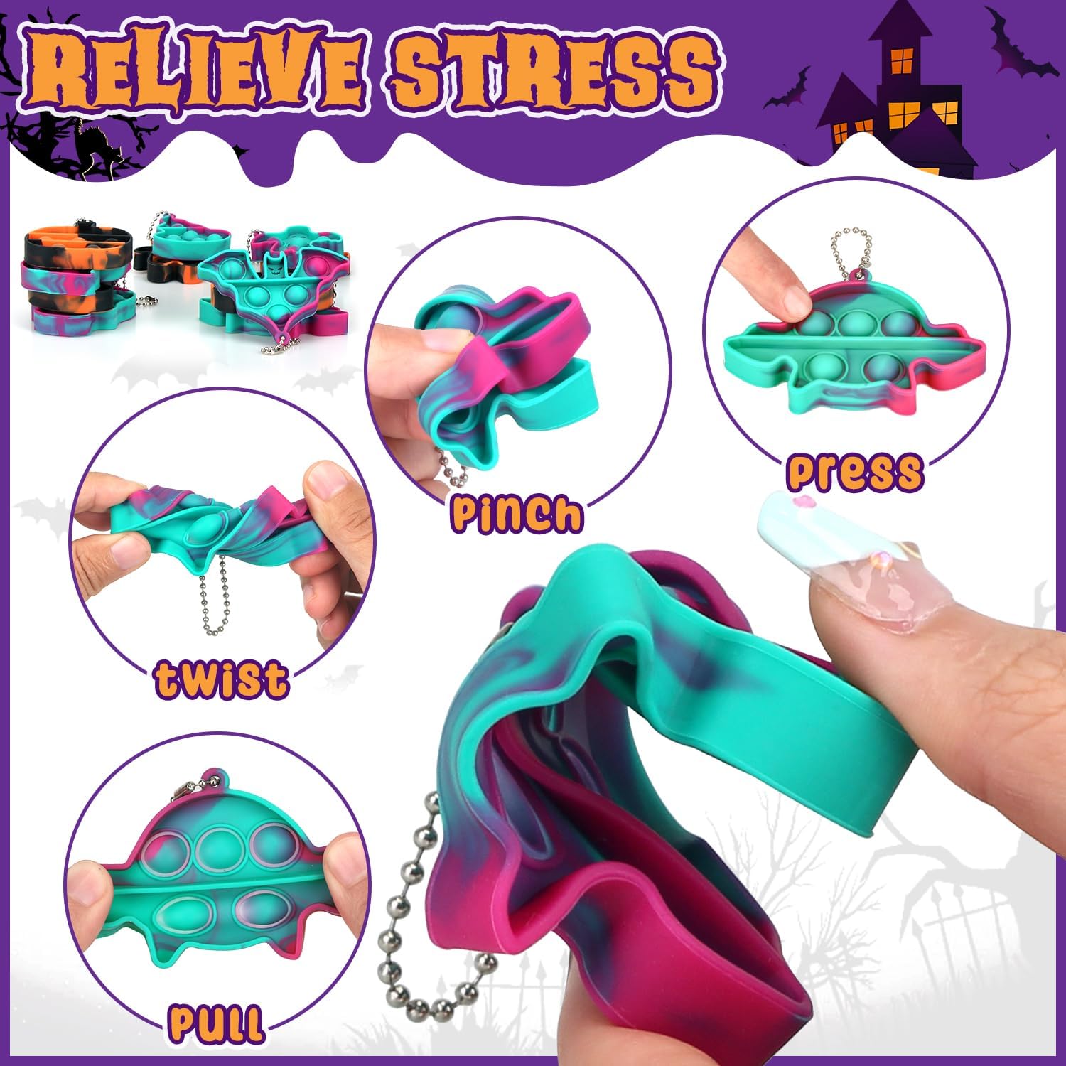 Llavero de Halloween Pop Fidget Toys, paquete de 24 mini llaveros a granel, juguetes de Halloween y recuerdos de fiesta para niñas y niños, alivia