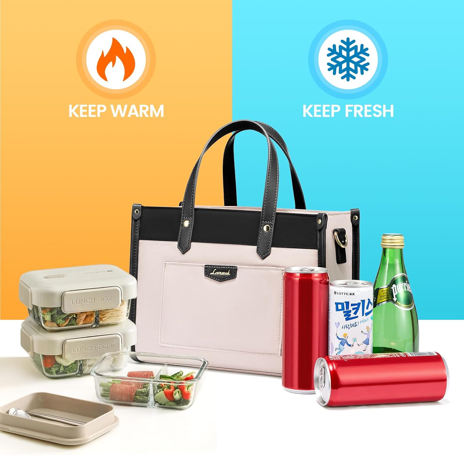 LOVEVOOK Bolsa de almuerzo para mujer, bolsa de almuerzo aislada de gran capacidad para oficina, trabajo, picnic, playa, a la moda, beige y negro, S