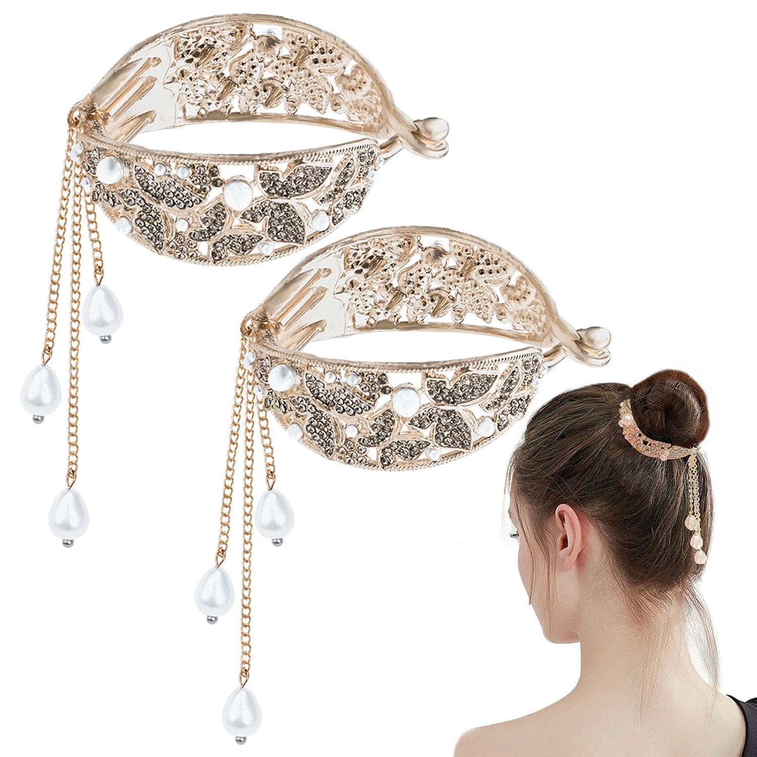 2 pinzas para el pelo con perlas de diamantes de imitación, mariposa alta cola de caballo fija, decoración de borla para novia, boda, fiesta, baile
