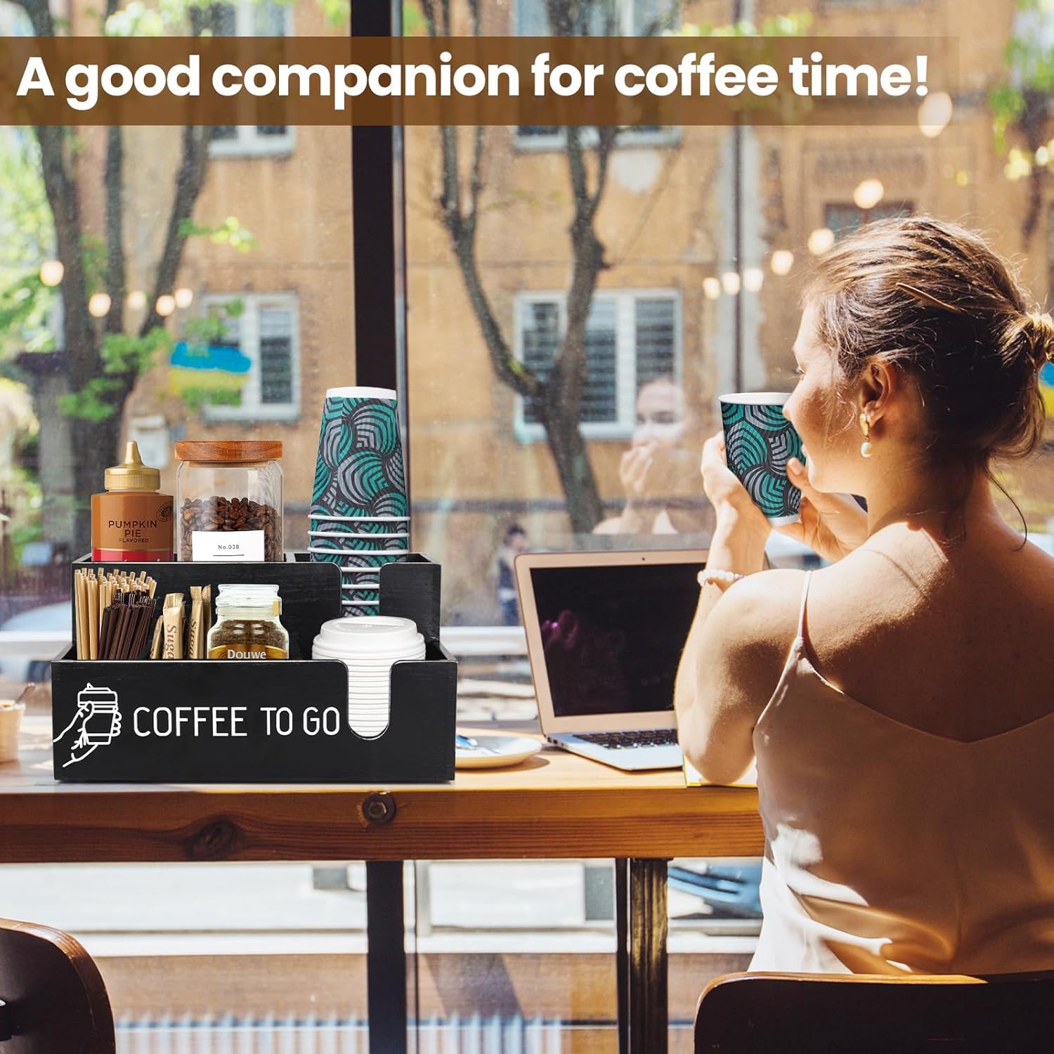ugiftt Organizador de barra de café, organizador de estación de café, dispensador de taza de café de madera para mostrador, soporte de taza