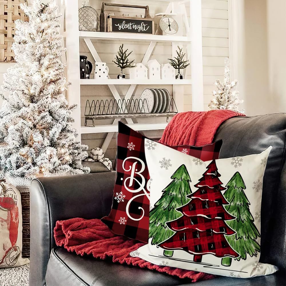 DFXSZ Juego de 4 fundas de almohada de Navidad de 18 x 18 pulgadas, diseño de árbol de Navidad, camión a cuadros negros y rojos, decoración de