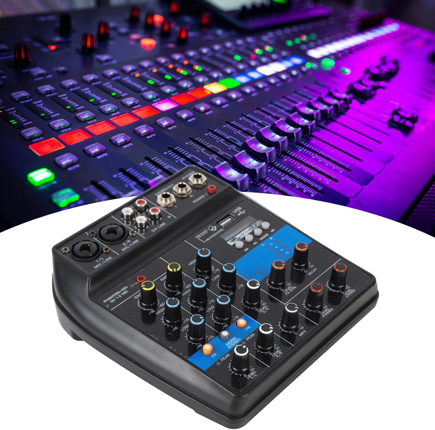 Mezclador de audio Consola mezcladora de DJ de 4 canales profesional con interfaz USB y equipo de escenario de efectos integrados (enchufe de EE.