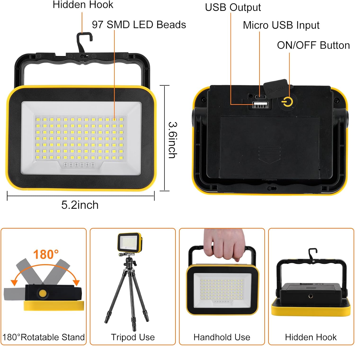 T-SUN Luz de trabajo LED recargable, luces de inundación LED portátiles, impermeable, funciona con pilas, 5 modos, paquete de 2