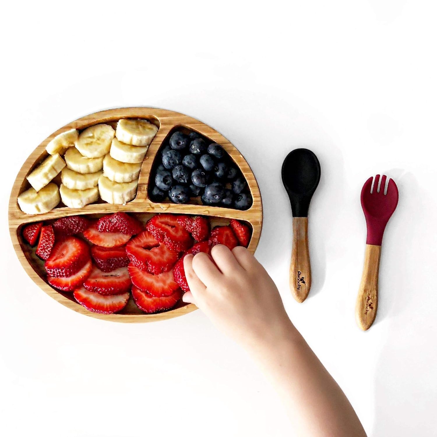 Avanchy Juego de tenedores para bebé, utensilios de bambú y silicona, cubiertos de destete LED para bebés, cubiertos de cubiertos para niños