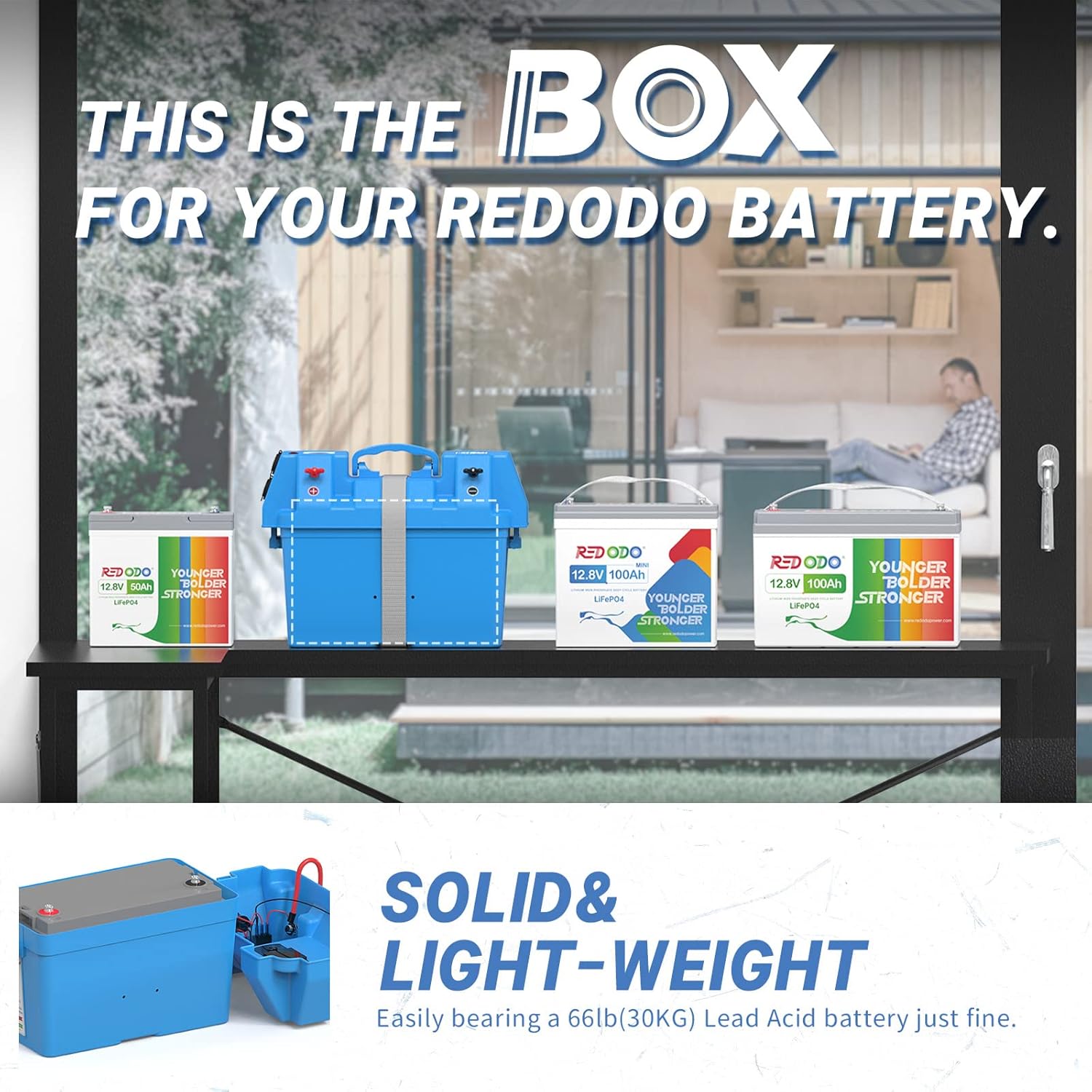 Redodo Caja de batería portátil, grupo 24-27 caja de batería de 12 V, corriente máxima de 60 A, voltímetro integrado, tomas de corriente continua y
