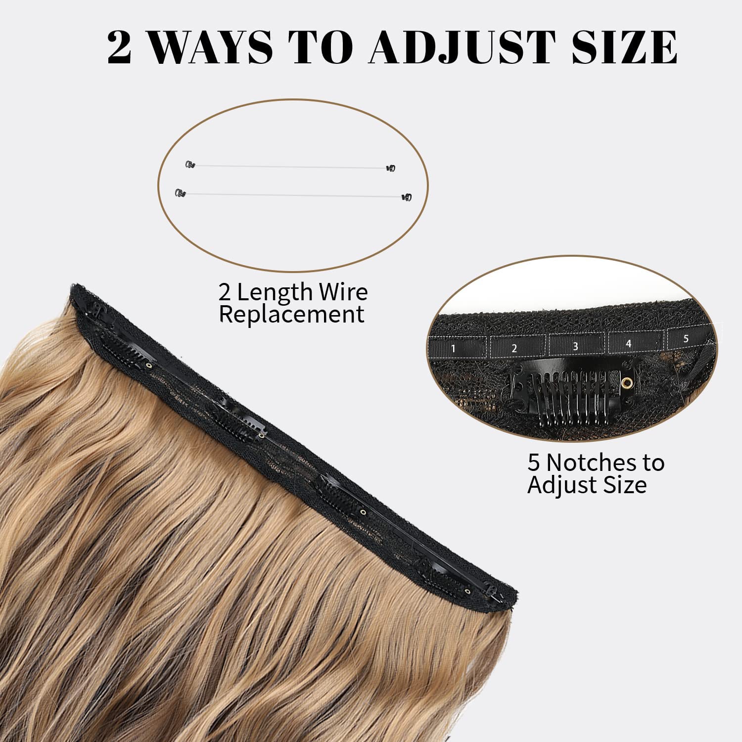 Ubeleco Extensiones de cabello con alambre invisible con alambre transparente, tamaño ajustable, 4 clips seguros, postizo largo sintético rizado de