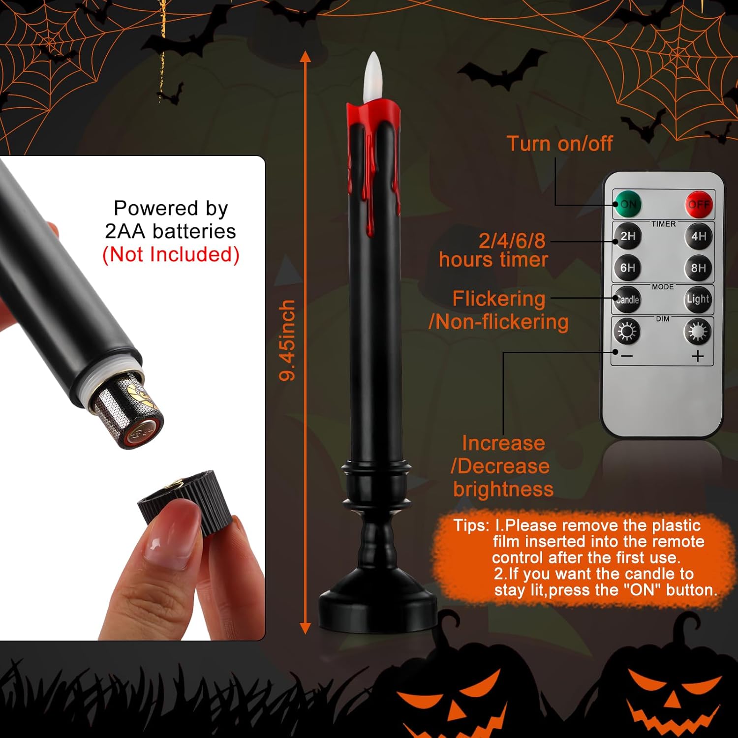 Sratte 12 juegos de velas LED sin llama con control remoto y portavelas, funciona con pilas, velas de lágrimas de vampiro, decoración espeluznante y