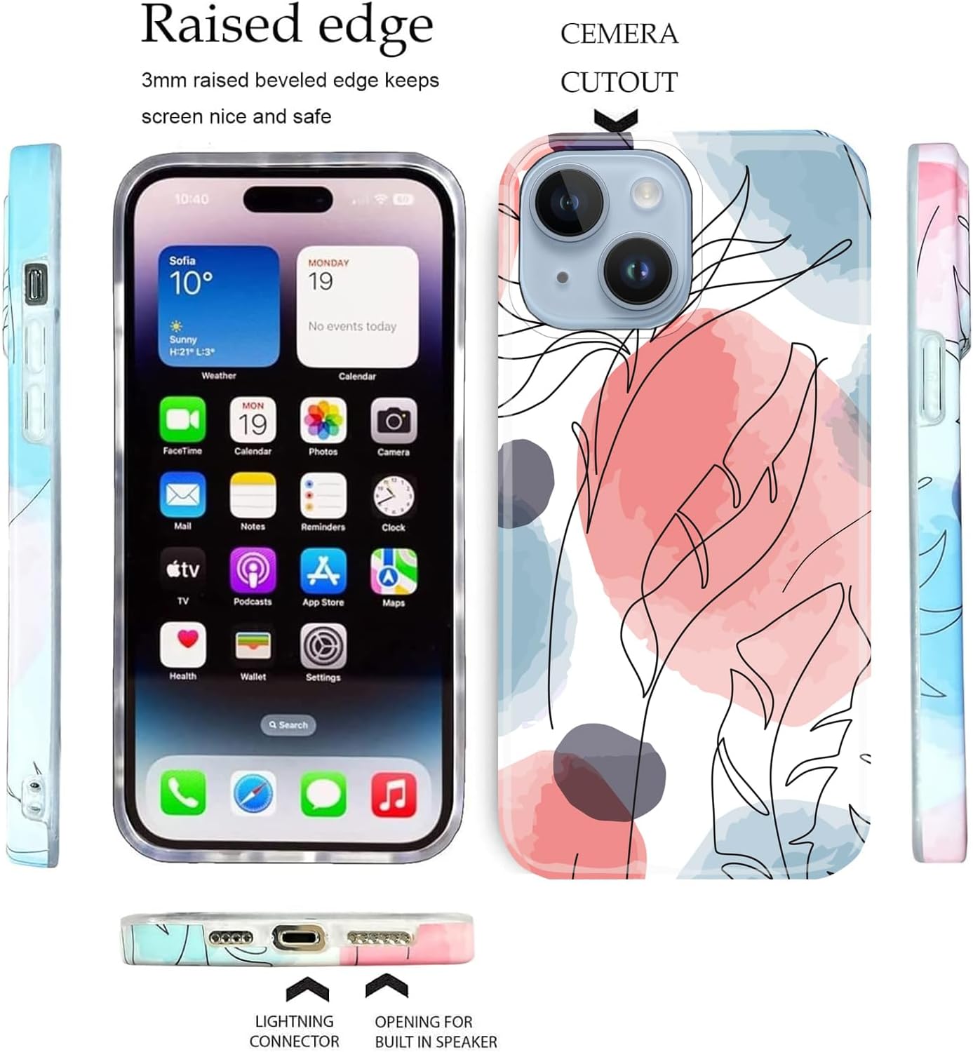 J.west Funda para iPhone 14 Plus 6.7, estética, acuarela, minimalista, bohemio, moderno, impresiones abstractas delgadas, línea geográfica, patrón