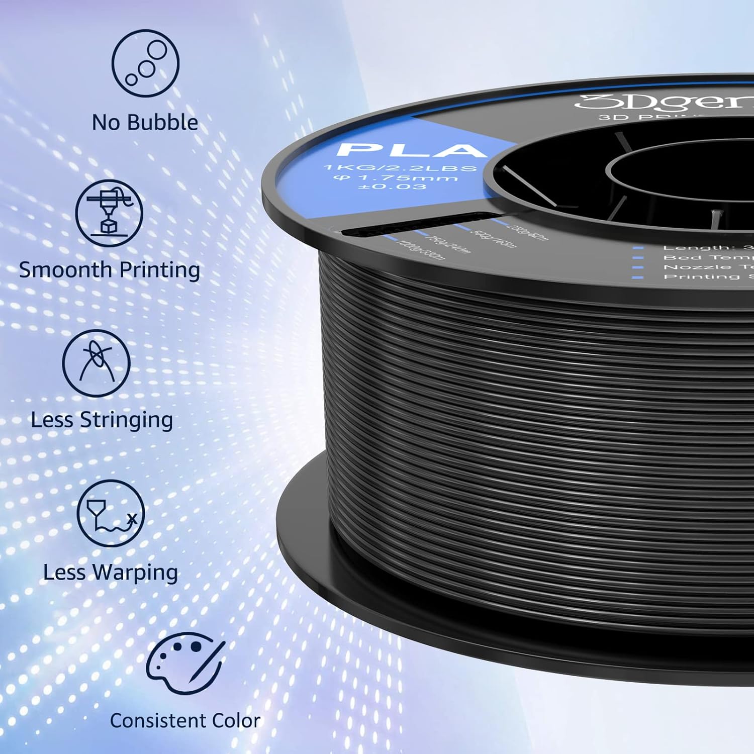 Filamento PLA para impresora 3D, filamento PLA de 0.069 in, carrete de 2.2 lbs2.2 libras, filamento de impresión 3D de 0.069 in, precisión