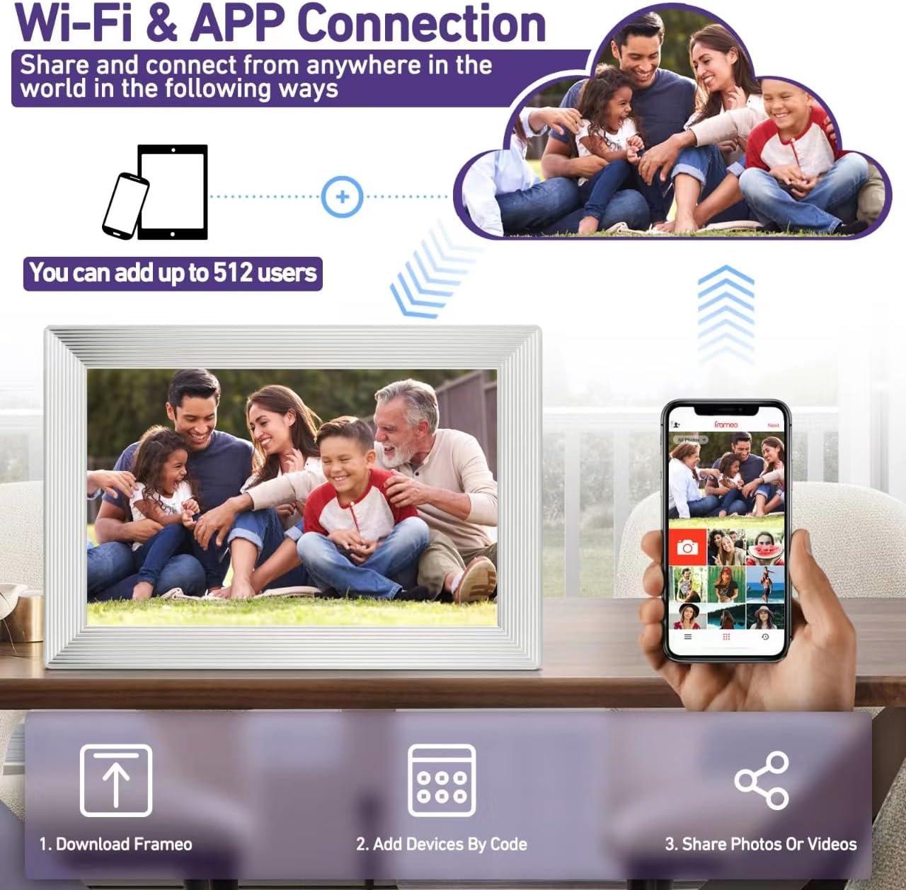 FRAMEO – Marco de fotos digital WiFi de 10.1 pulgadas, pantalla táctil HD IPS de 1280 x 800 con memoria interna de 32 GB, rotación automática, a
