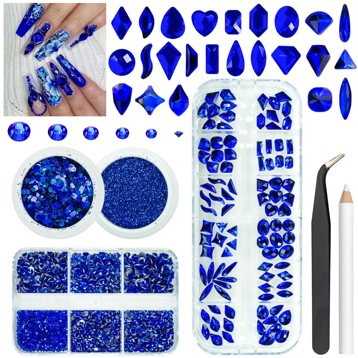 Kit de 4 cajas de diamantes de imitación azules para uñas, 24 formas de cristal K9, gemas azules reales, parte trasera plana, piedras redondas,