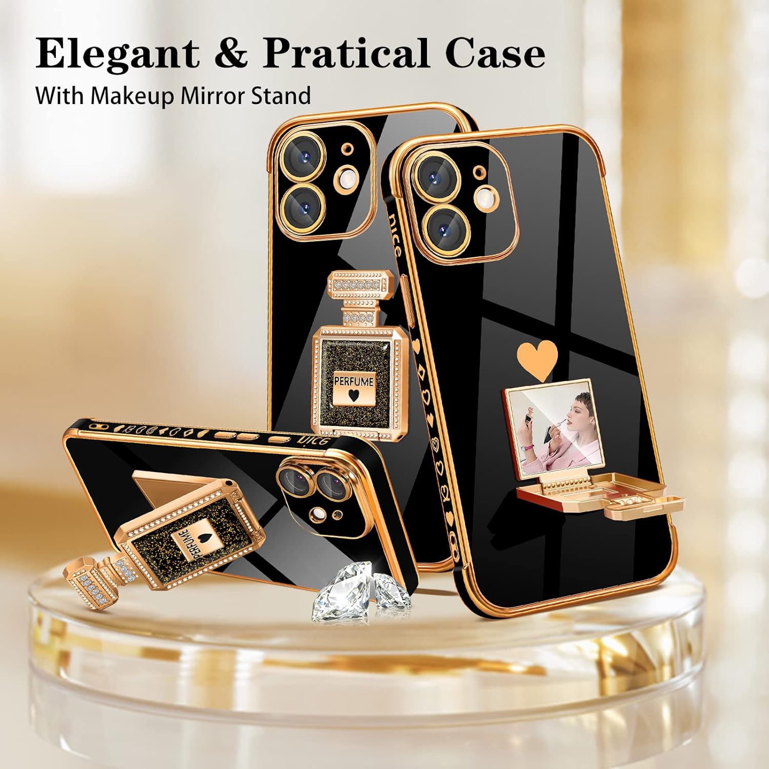 Buleens Funda para iPhone 11 con soporte de espejo de botella de perfume de metal, bonitas fundas de corazón femenino para iPhone 11, elegante funda