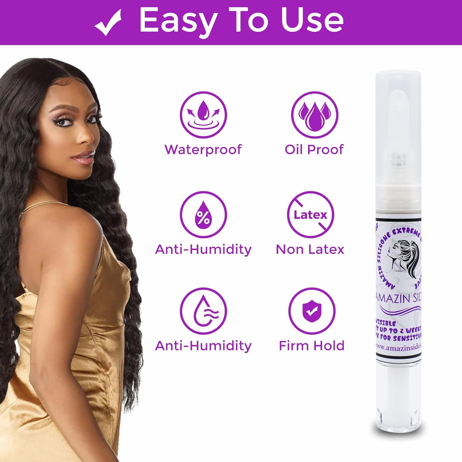 Amazin Sides Lápiz de pegamento para peluca, pegamento portátil de silicona súper sujeta, pegamento adhesivo invisible de alto punto de fusión para