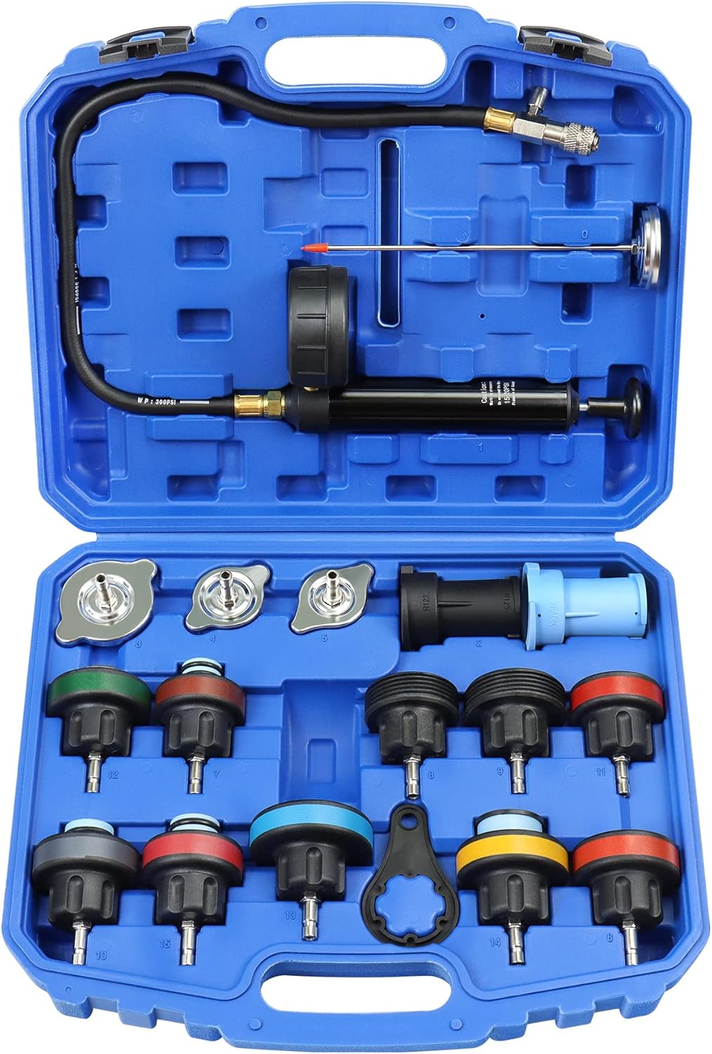 Kit de probador de presión del radiador, 18 piezas, herramienta de prueba de presión de bomba manual de tanque de agua automotriz y adaptadores,