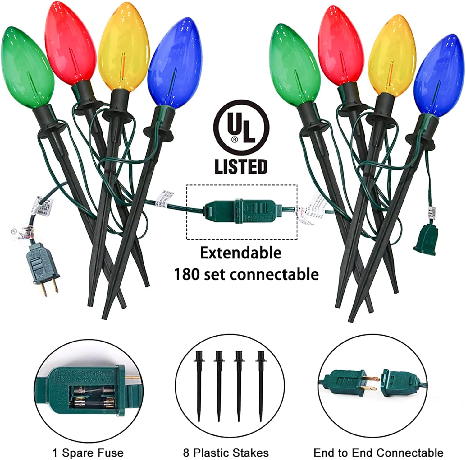 Luces de camino multicolor C9, 2 juegos de luces de 7 pies para exteriores con 8 bombillas LED multicolor C9 gigantes, luces de pasillo de Navidad