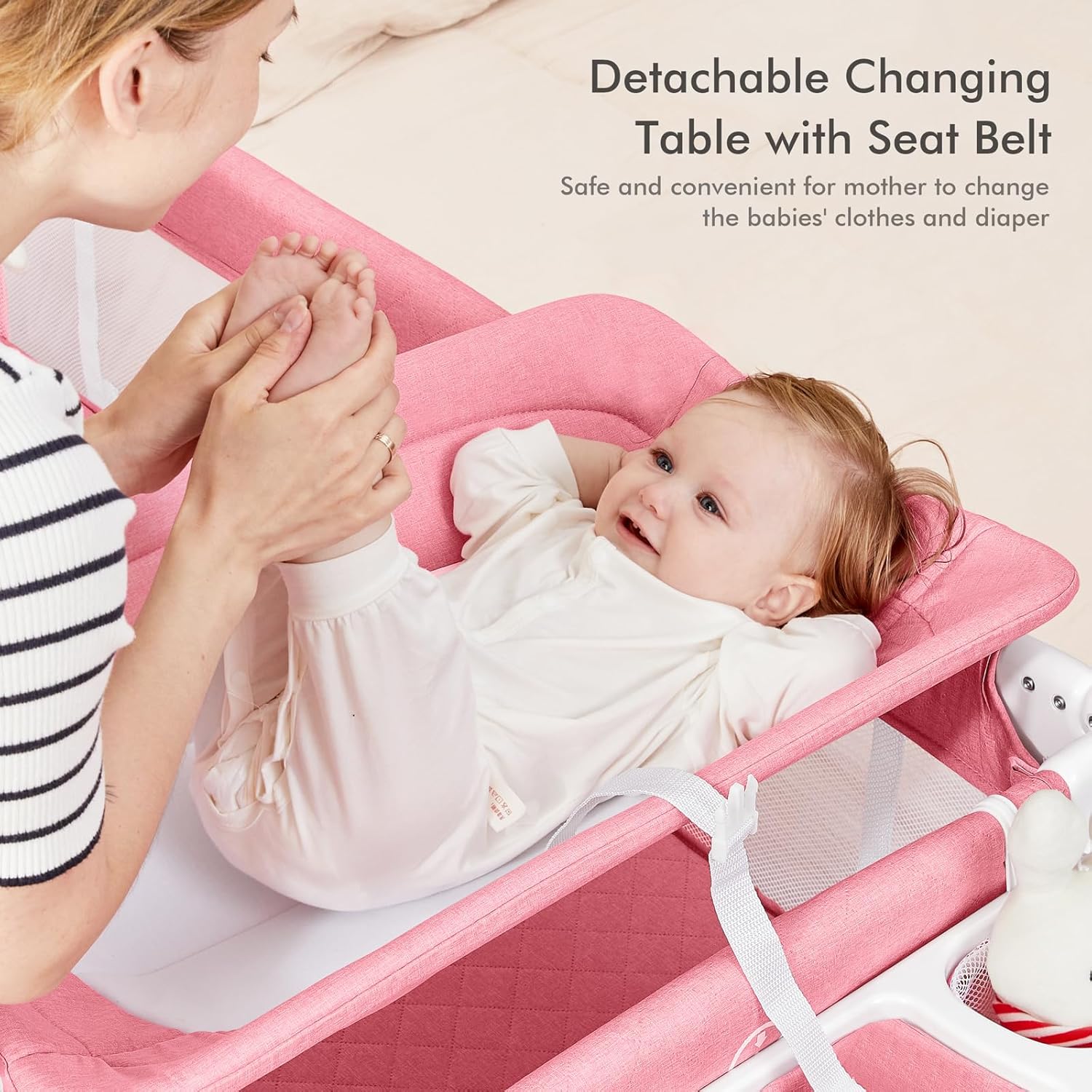 ANGELBLISS Cuna 5 en 1 para bebé, cuna junto a la cama con cambiador de pañales y balancín extraíble, cuna portátil fácil de plegar con móvil,